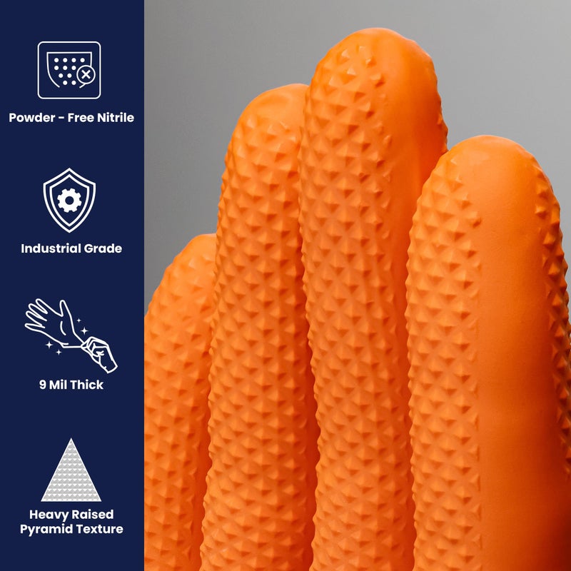 Adenna ProWorks CATCH Disposable Nitrile Gloves â€“ 9 Mil, Heavy Duty Work Rubber Glove with Raised Pyramid Grip, Nonâ€“Latex & Powder Free, Pack of 90, 2Xâ€“Large, Orange - Image 2